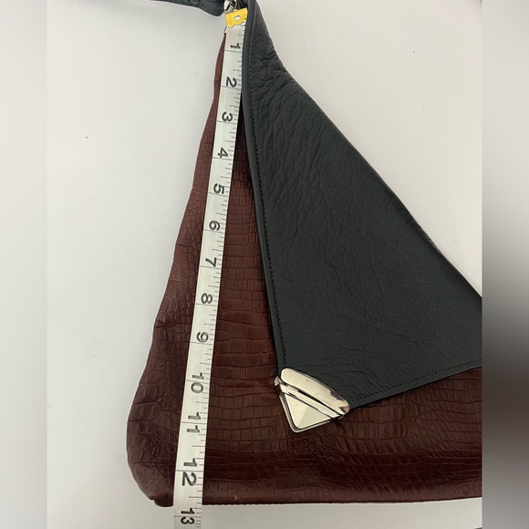 Thomas Leathers Asymmetric Angle Black & Brown Crossbody Handbag Croc Emboss - Picture 11 of 13